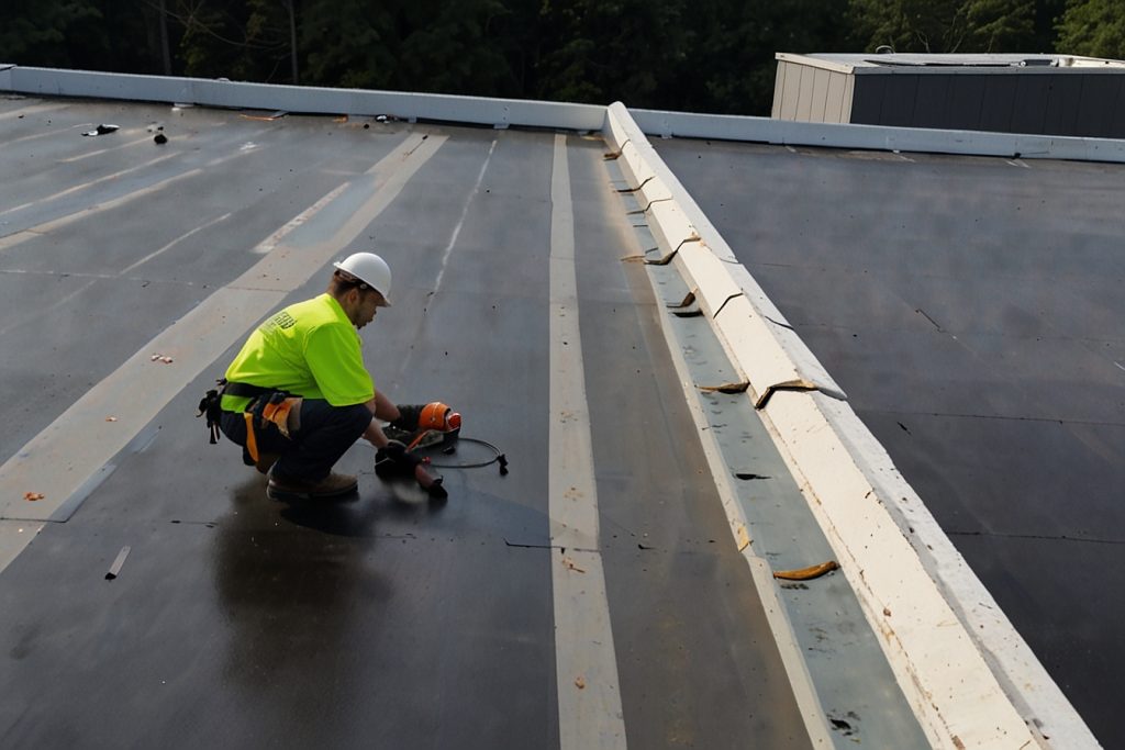 a roofer from CJ commercial roofing NJ calculating the cost of a commercial roof replacement